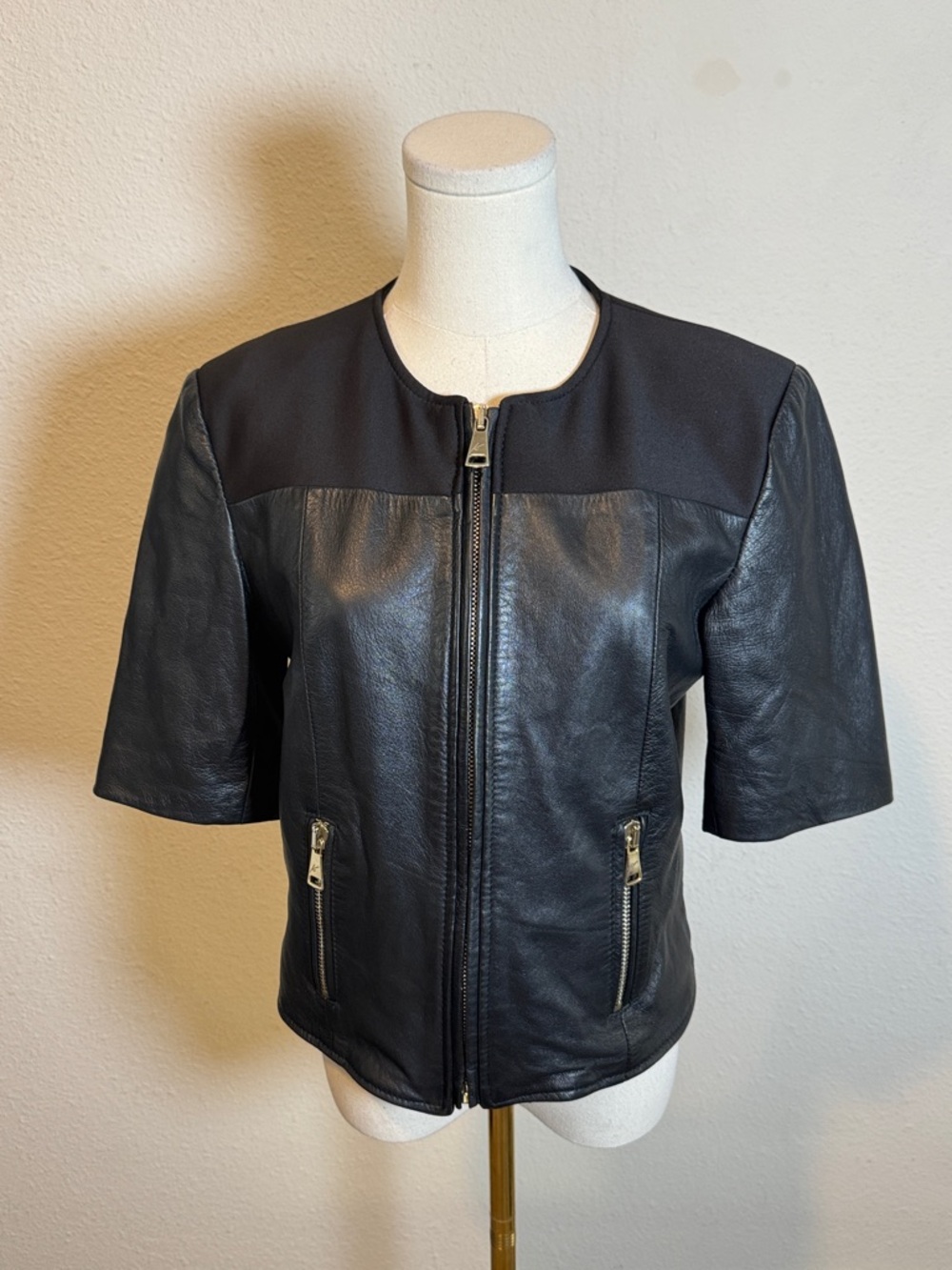 Kor@Kor Black Short Sleeve Leather Jacket Italian size 46 US S/M